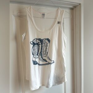 White tank top with blue cowgirl boots graphic. NEW